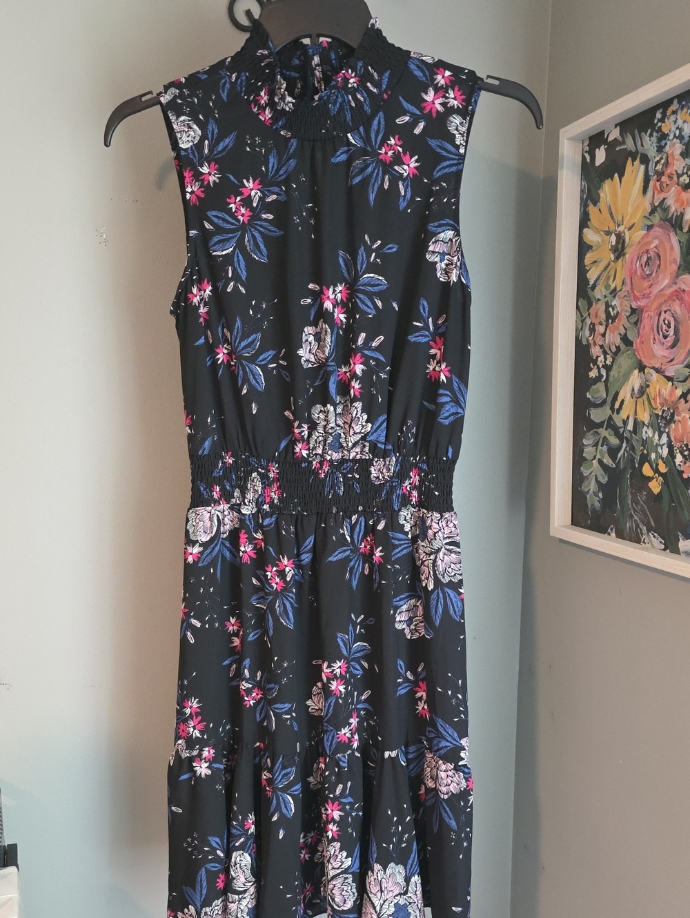 Nannette Black Floral Smocked Midi Dress with Blue & Pink Blooms Size 10